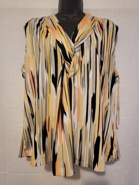 Sleeveless Twist-Neck Blouse in Yellow, Black & Cream Stripe